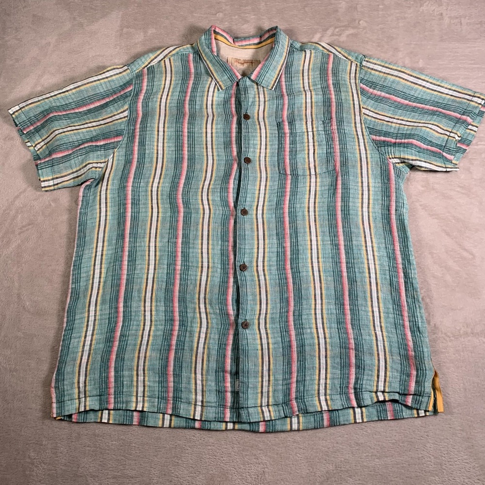 Tommy Bahama Shirt Mens XL Green Multi Stripe Linen‎ Short Sleeve Camp Button Up